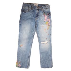 ZARA WOMAN EMBROIDERED DISTRESSED STRAIGHT LEG JEANS   Sz 8